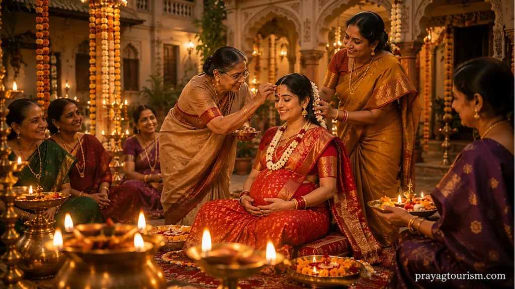 Simantonnayana ceremony — traditional Hindu baby blessing ceremony for expectant mother in Prayagraj Allahabad with diyas and women's gathering]