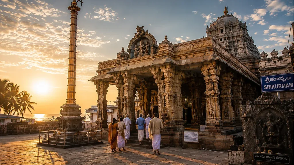 Sri Kurmam temple in Andhra Pradesh with pilgrims entering at morning light