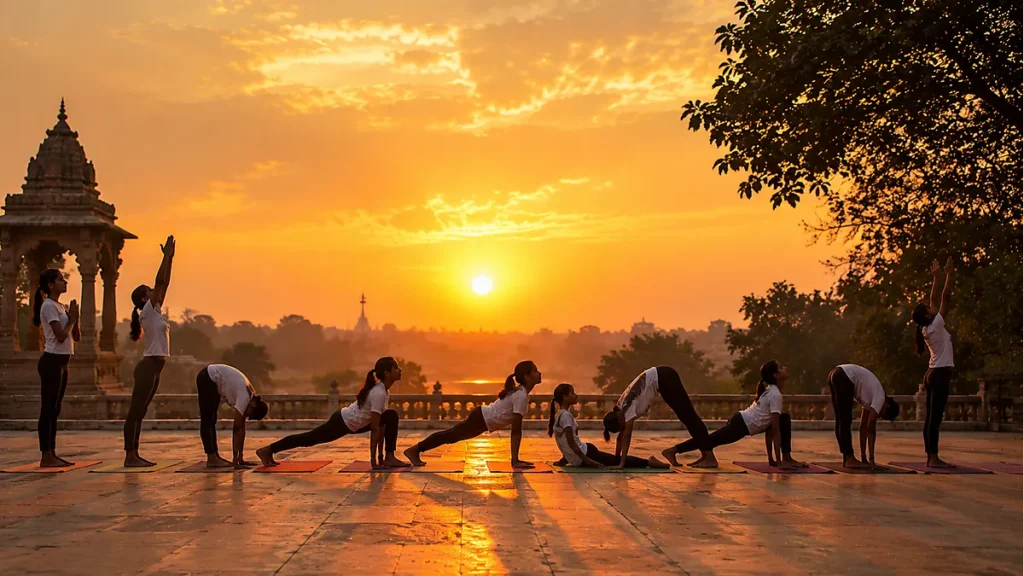Students performing Surya Namaskar sun salutation at dawn — yoga sunrise morning ritual Sanatana Dharma
