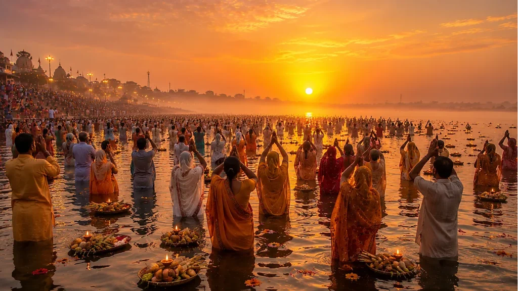 Chhath Puja Surya worship at sunrise on the Ganga river — Hindu sunrise festival Bihar tradition