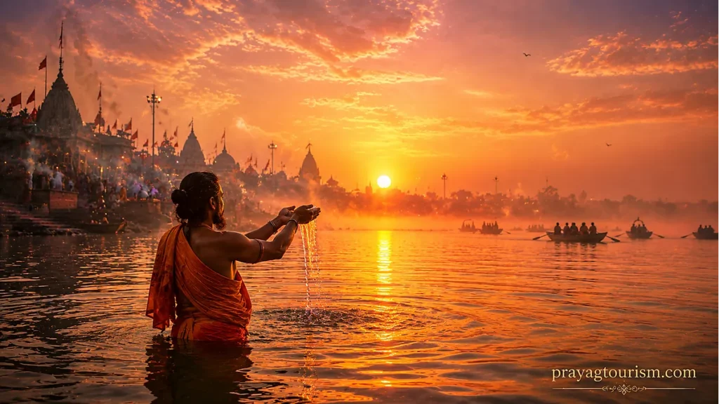 Devotee offering Surya Arghya at sunrise  |
