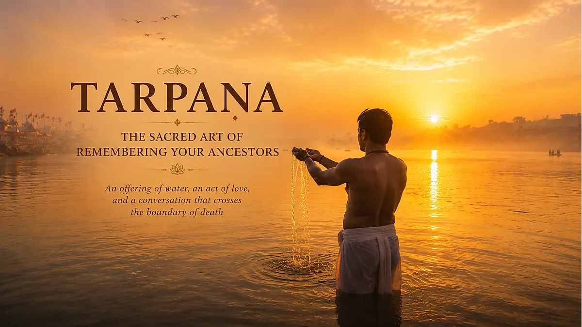 Devotee performing Tarpan ritual at Triveni Sangam in Prayagraj during Pitru Paksha