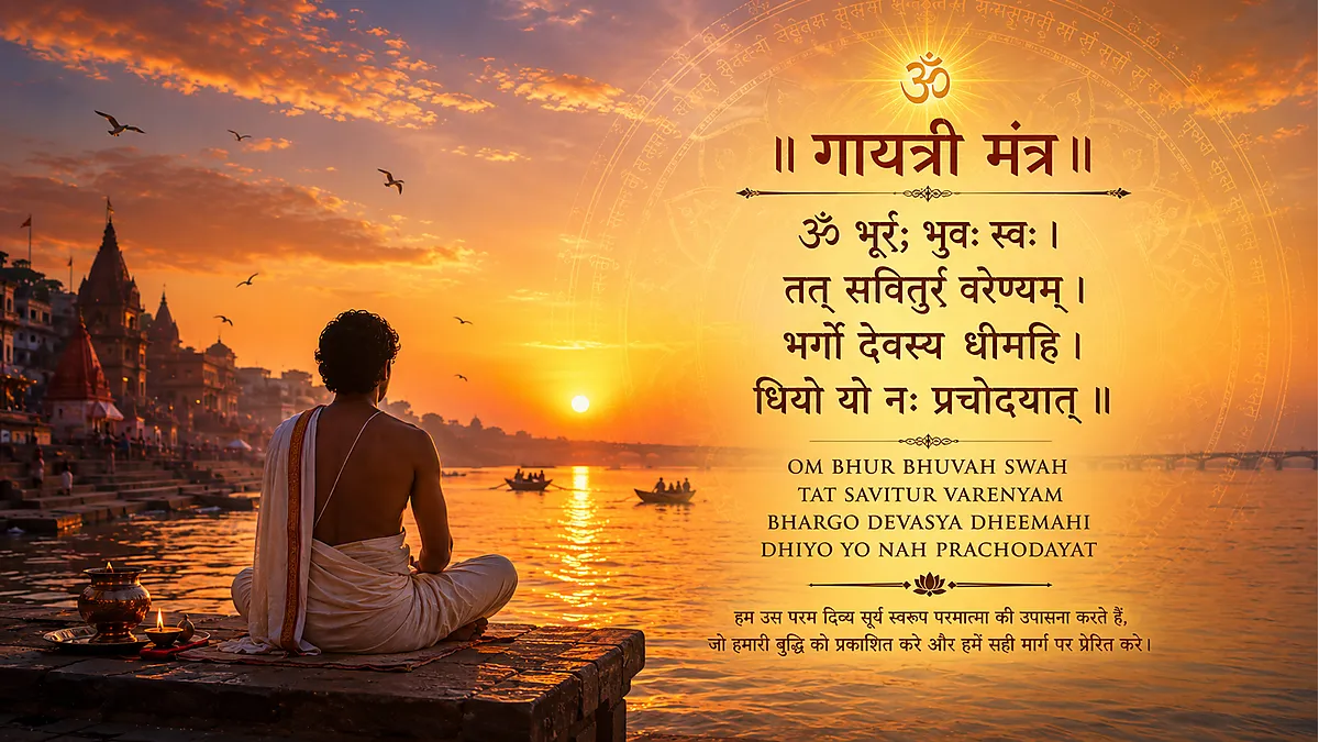 Devotee chanting Gayatri Mantra at sunrise on the banks of the Ganga