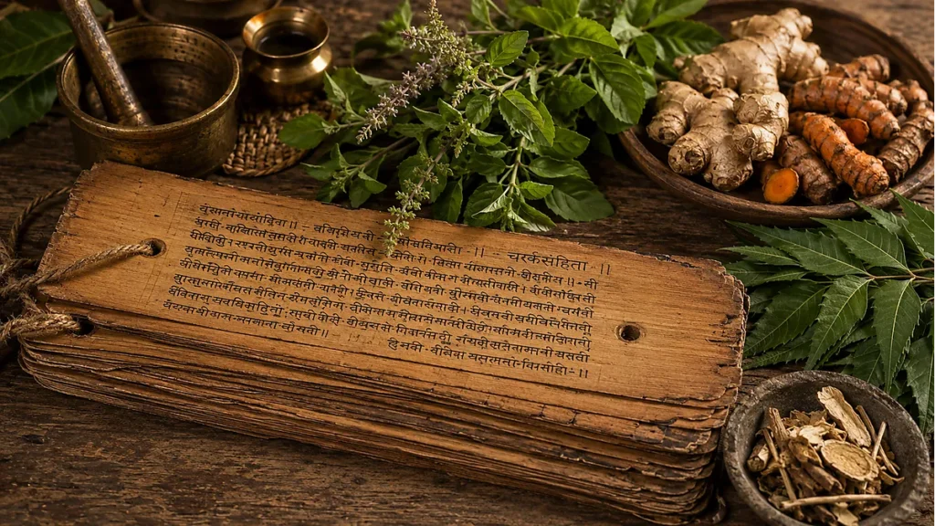 Traditional Ayurvedic lifestyle with herbs oil massage and healthy daily routine