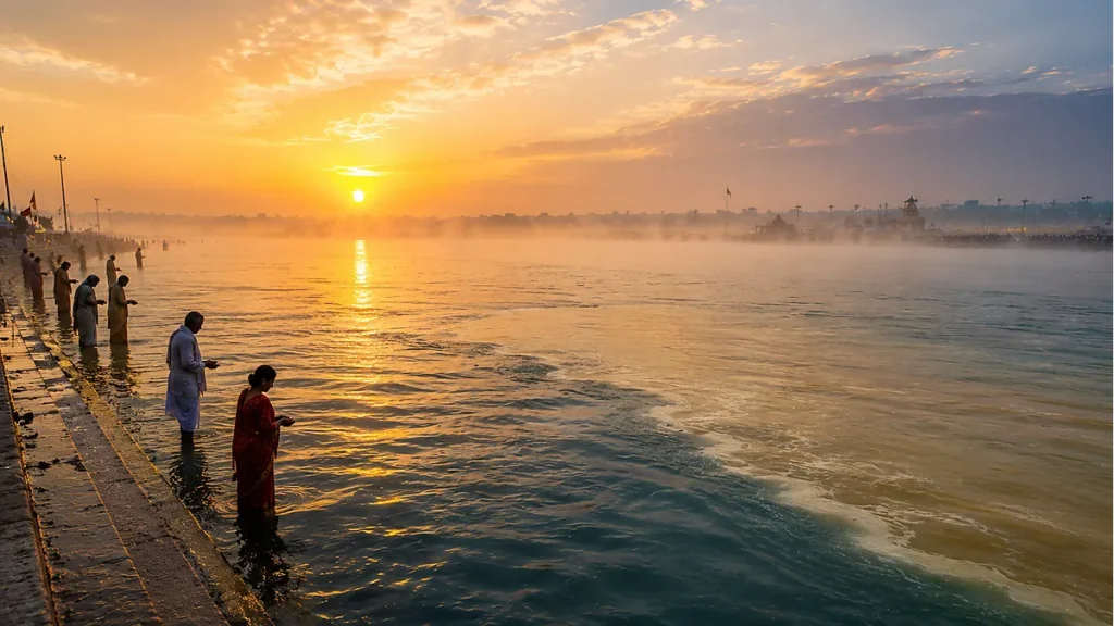 Triveni Sangam at sunrise with pilgrims performing ancestral rites in Prayagraj
