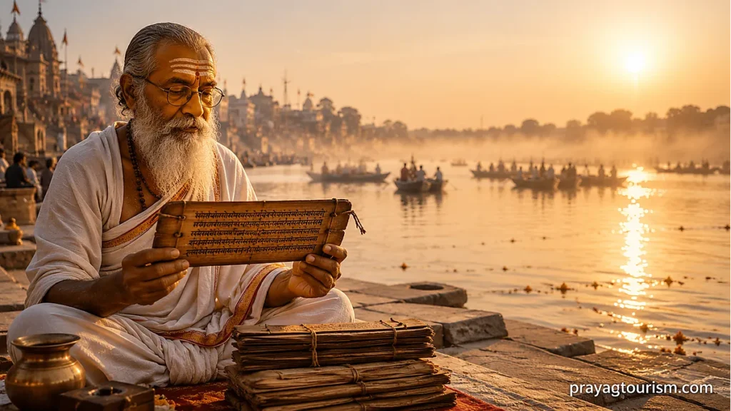 Vedic scholar with ancient manuscript at Triveni Sangam Prayagraj — textual origins of Shodasha Samskaras Hindu rites of passage