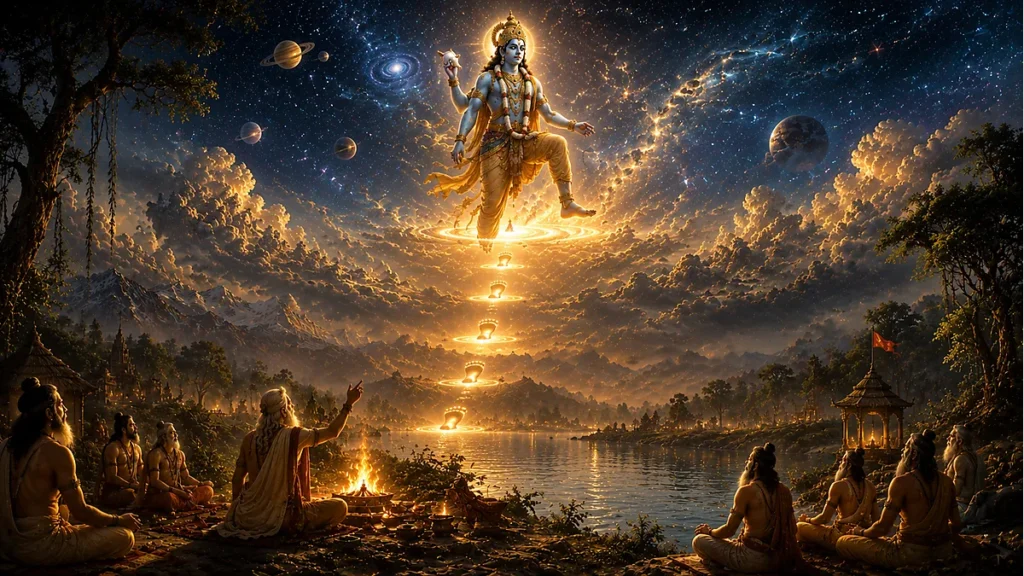 Vedic vision of Lord Vishnu's cosmic strides across the three worlds