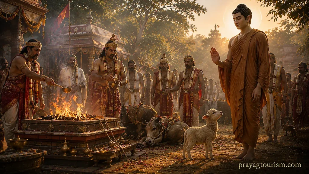 Lord Buddha Avatar compassionately interrupting ritual animal sacrifice and promoting ahimsa