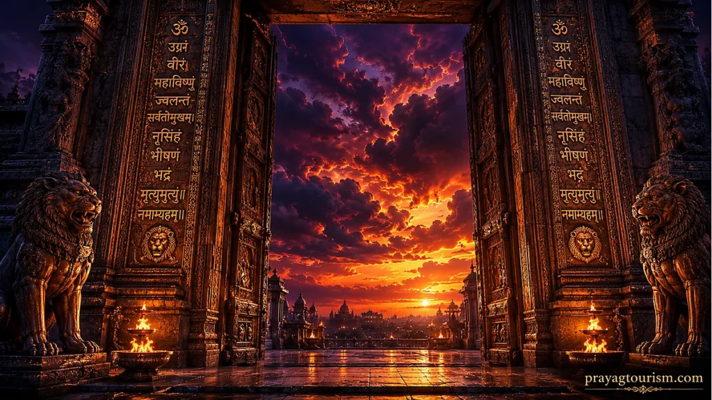 dehalī twilight shot of a massive stone doorway