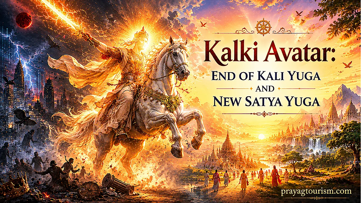 Kalki Avatar riding the white horse Devadatta through the darkness of Kali Yuga toward the dawn of Satya Yuga