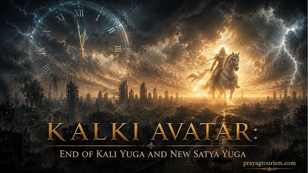 Kalki Avatar emerging from storm clouds as the divine lord of time and cosmic renewal
