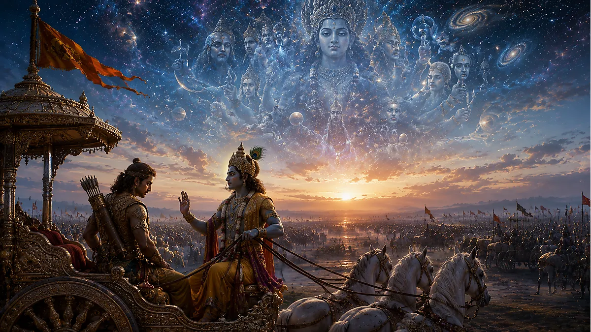 Lord Krishna guiding Arjuna on the battlefield of Kurukshetra before the Bhagavad Gita discourse