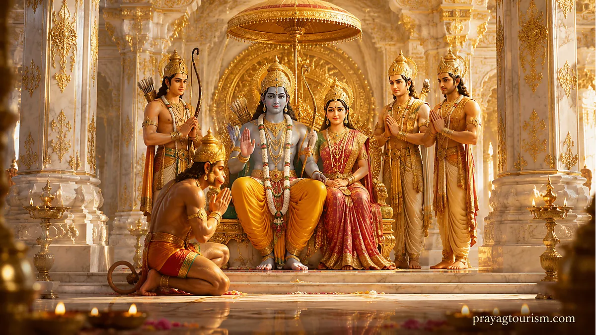 Lord Rama standing with bow alongside Sita, Lakshmana and Hanuman symbolizing Rama Rajya and dharmic kingship