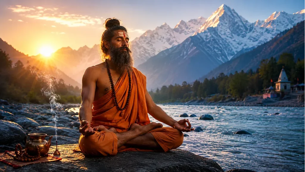 Yogi meditating at sunrise in the Himalayas — Brahma Muhurta practice yoga and meditation at dawn in Hindu tradition