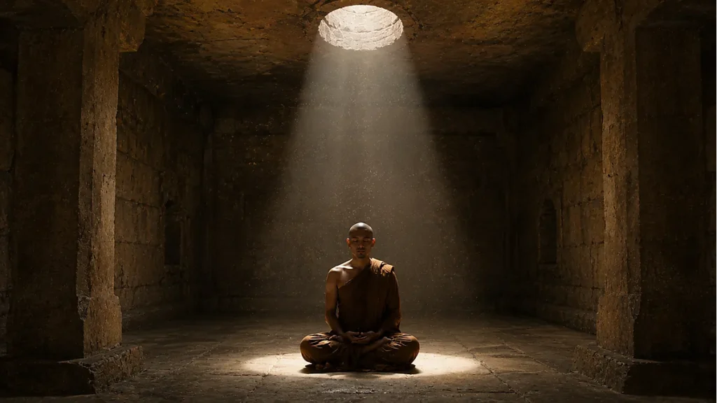 Meditator practicing mindfulness and Vipassana meditation inspired by Buddha's teachings