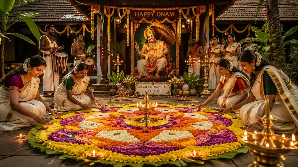 Traditional Onam celebration with floral pookalam honoring King Mahabali's annual return
