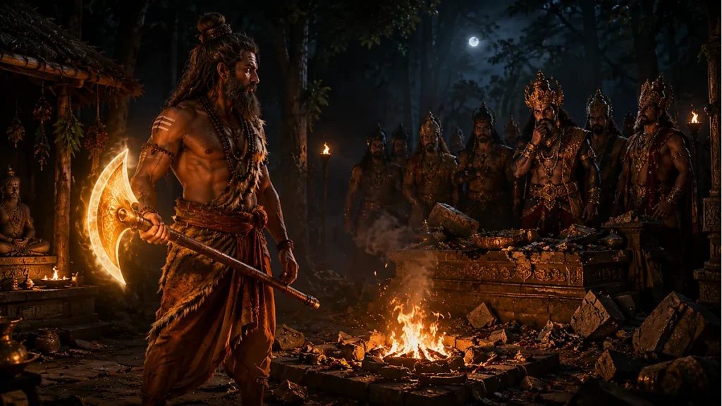 Parashurama Avatar in a forest ashram holding a glowing axe before a sacred fire