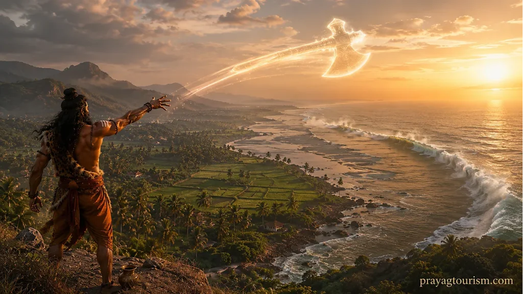 Parashurama throwing his axe into the Arabian Sea to create the Konkan and Kerala coast