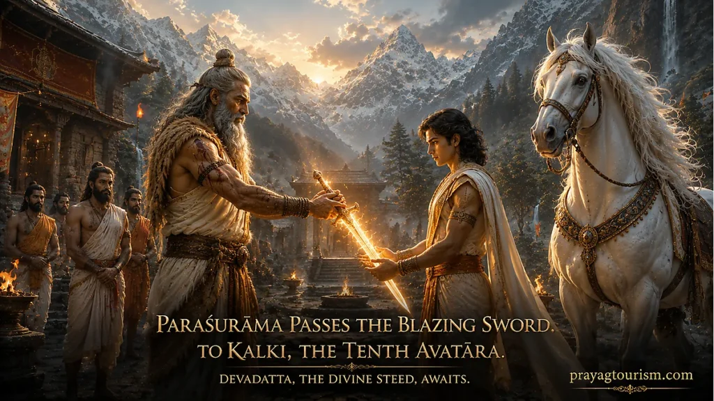 Parashurama initiating Kalki Avatar and transmitting divine knowledge and martial discipline