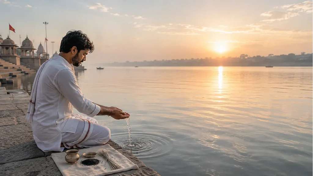 Close-up of hands performing Hindu Tarpaṇa with water, sesame, and darbha at a riverbank