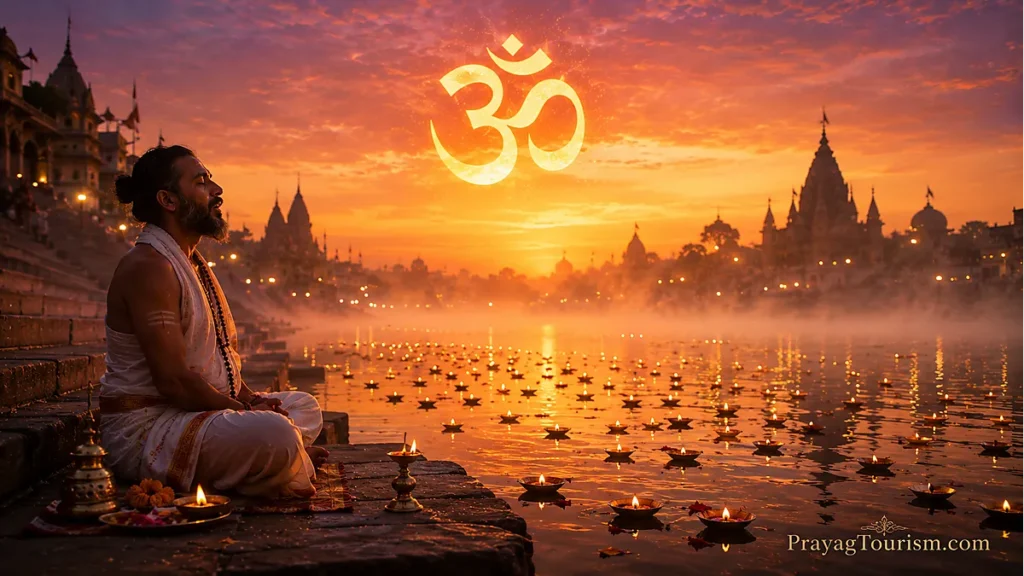 Lone priest chanting Om mantra at Ganga ghat during sunrise at Prayagraj sacred Hindu pilgrimage site with floating diyas and temple silhouette