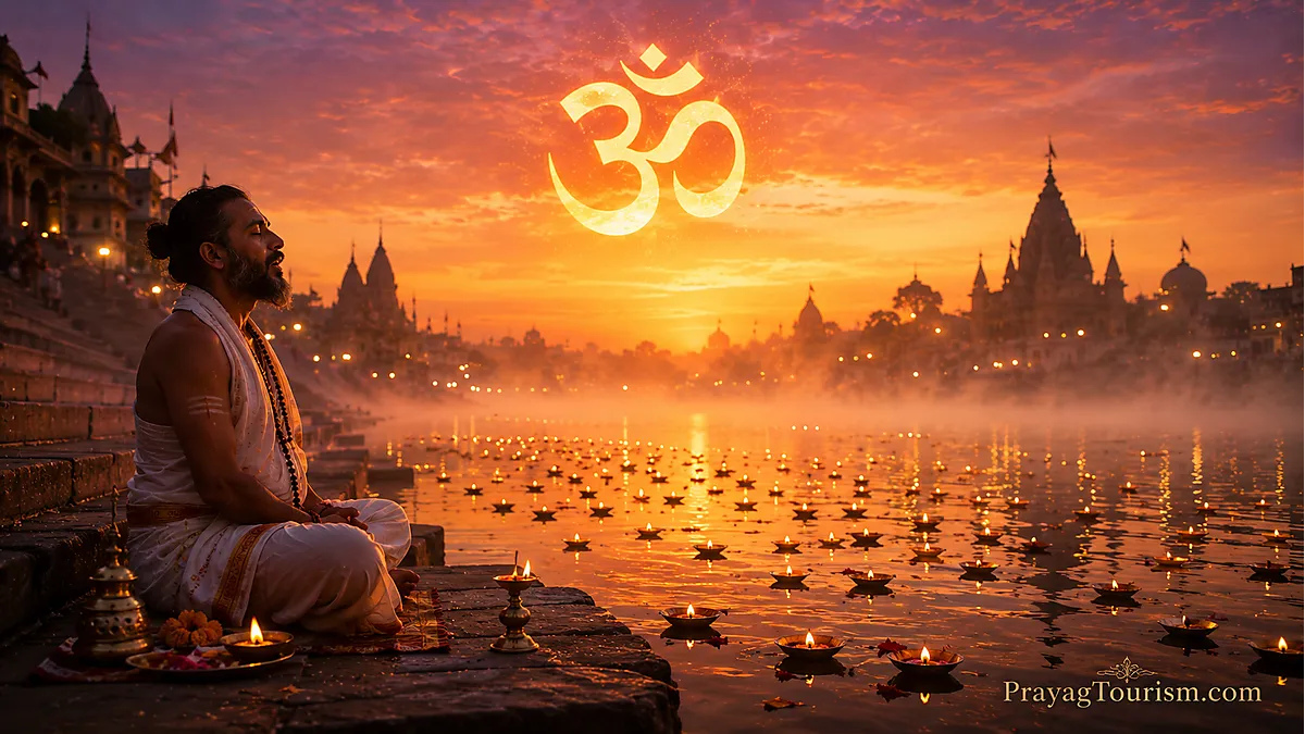 Lone priest chanting Om mantra at Ganga ghat during sunrise at Prayagraj sacred Hindu pilgrimage site with floating diyas and temple silhouette