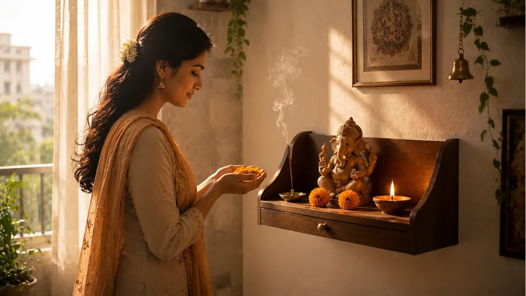 Woman performing morning home puja — hands around lit diya in simple Hindu home worship space, eyes closed in devotion
