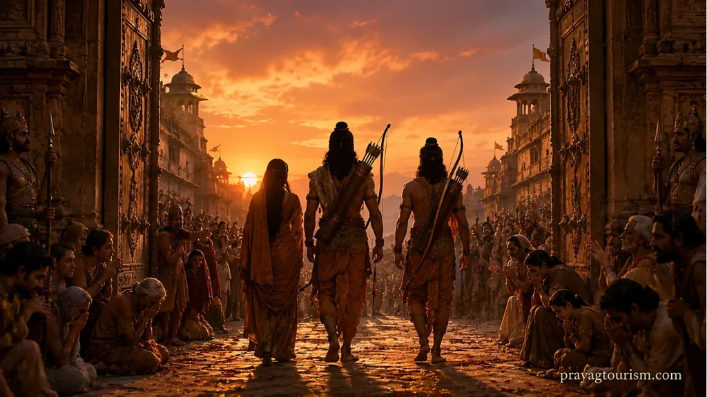 Lord Rama, Sita and Lakshmana leaving Ayodhya for forest exile while citizens watch with sorrow