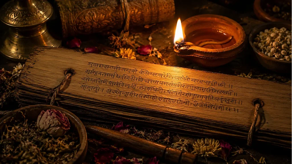 Ancient Sanskrit palmleaf manuscript illuminated by oil lamp representing the sacred Vedas protected by Matsya