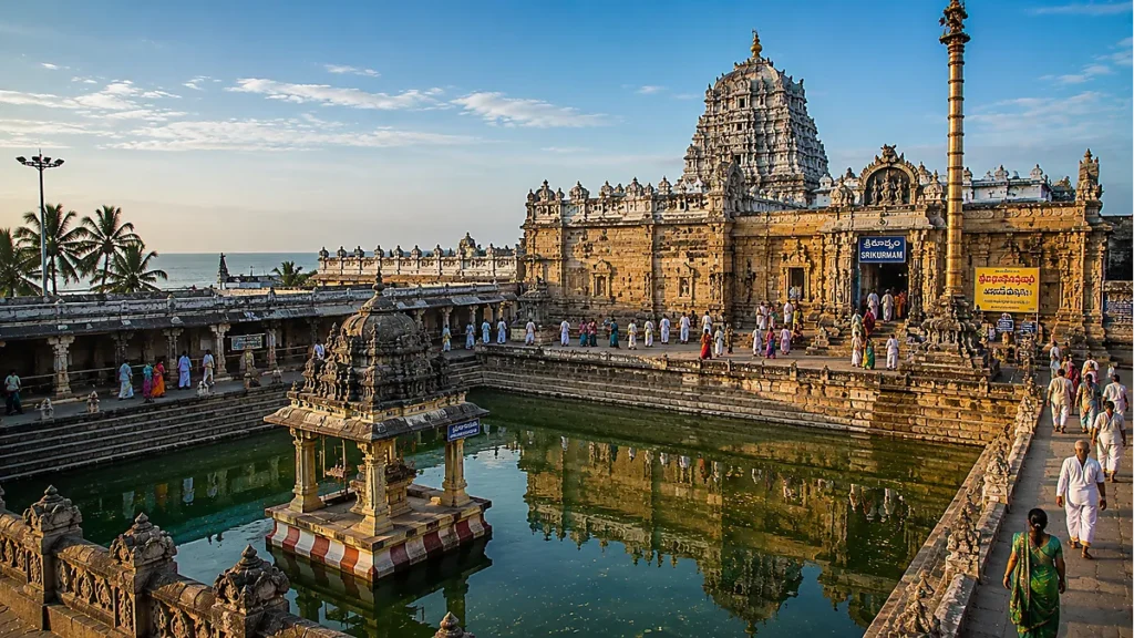 Sacred tank and western-facing sanctum of Srikurmam temple with pilgrims in soft morning light