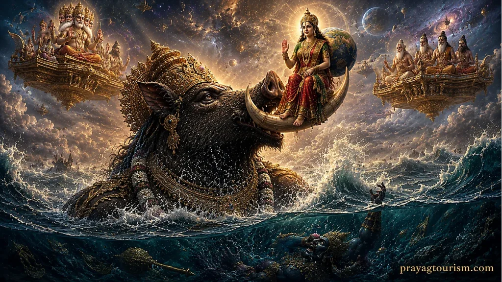Lord Varaha rescuing Bhudevi from the cosmic ocean after defeating Hiranyaksha