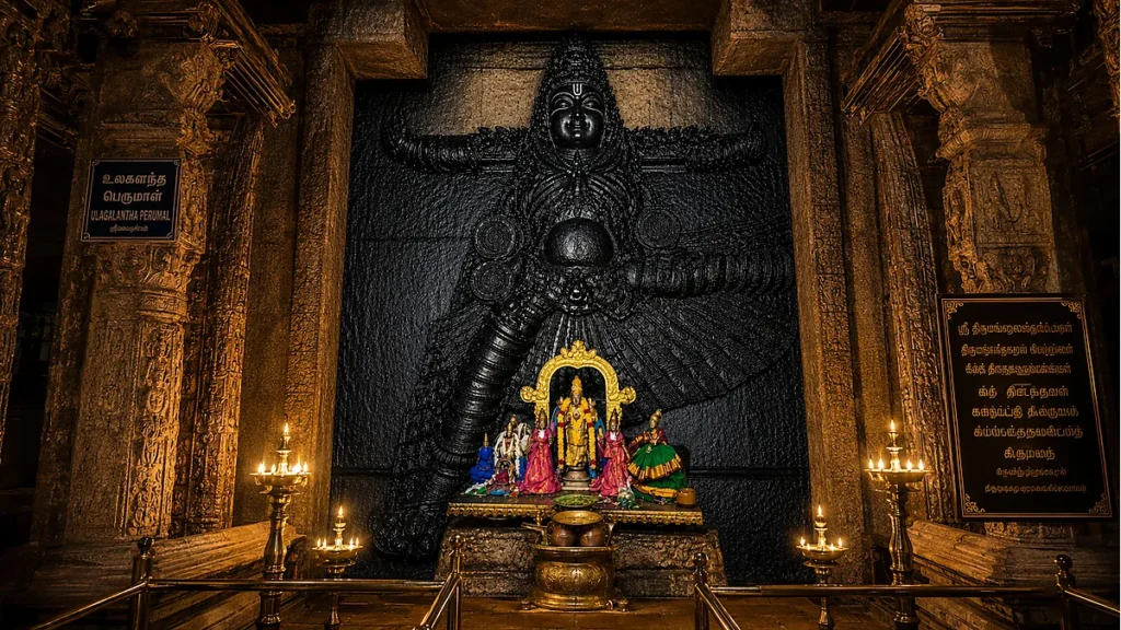Massive Trivikrama deity at Ulagalantha Perumal Temple in Kanchipuram depicting Vishnu's cosmic stride