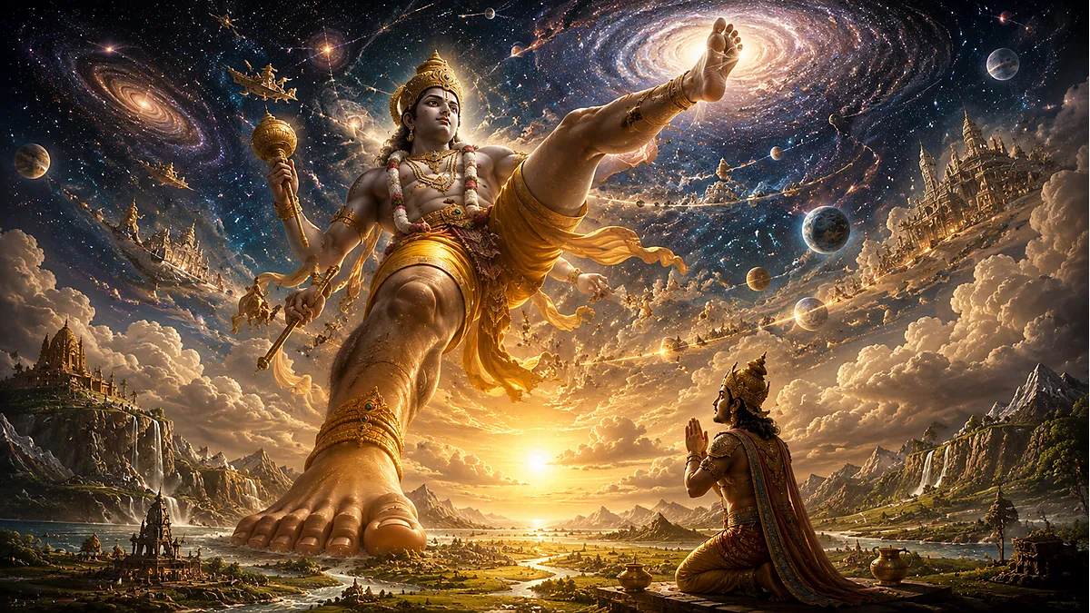 Lord Trivikrama expanding across the universe while King Mahabali bows in surrender below