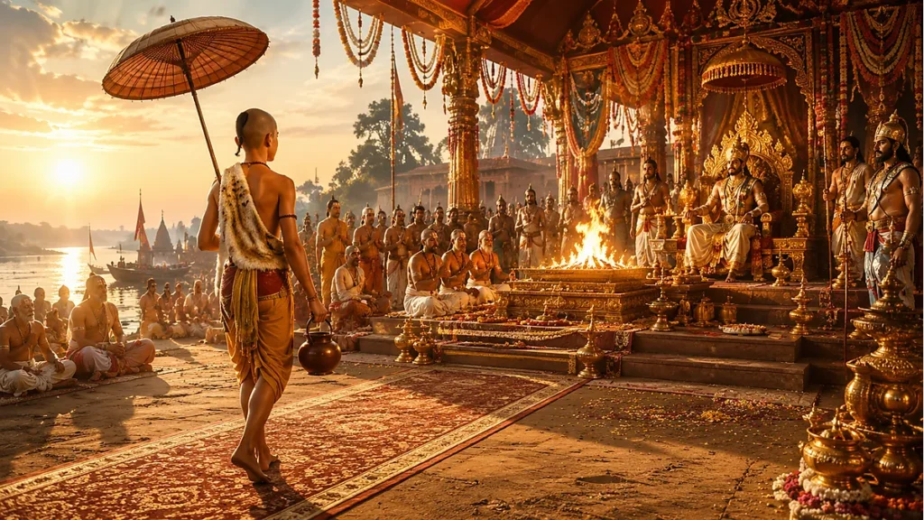 Vāmana Avatār as Young Vamana Brahmachari approaching King Mahabali's Ashvamedha sacrifice with umbrella and kamandalu