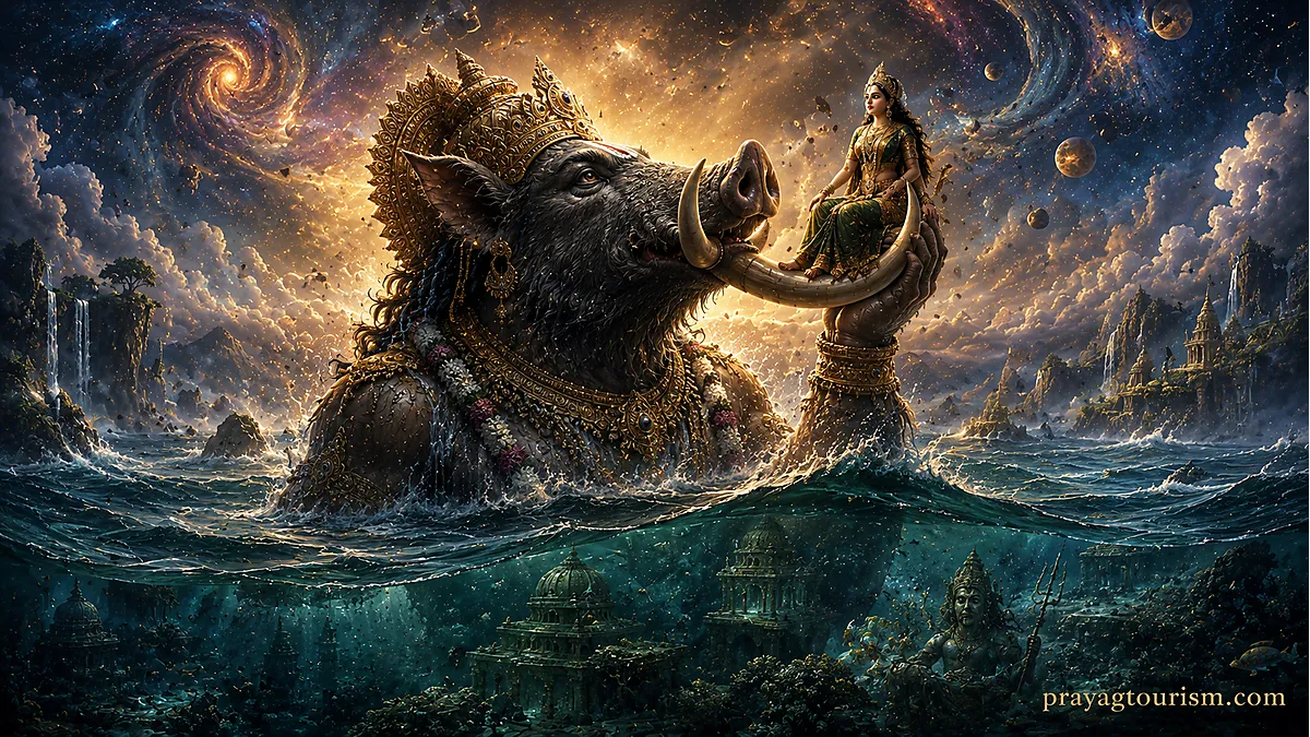 Varaha Avatar lifting Bhudevi from the cosmic ocean while restoring the Earth to balance