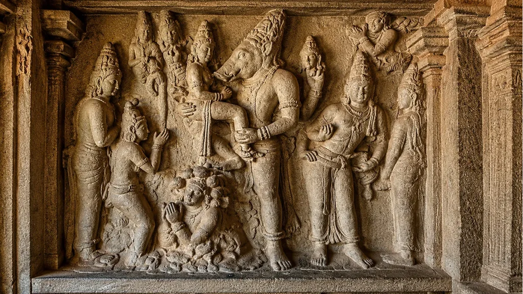 Ancient Varaha relief sculpture at Mahabalipuram depicting Vishnu lifting Bhudevi
