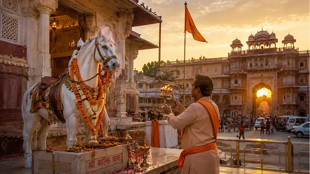 White marble horse statue at Kalki Temple Jaipur associated with Devadatta