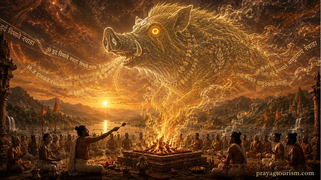 Yajna Varaha emerging from Vedic sacrificial fire with cosmic form and sacred mantras