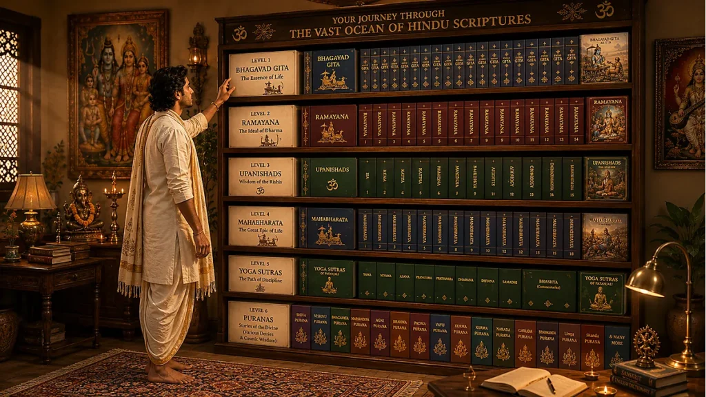A six-level bookshelf representing a beginner's reading roadmap through Hindu scriptures, from the Bhagavad Gita to the Puranas