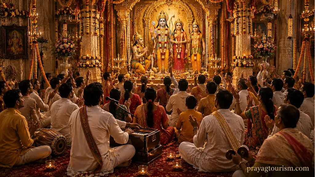 A kirtan (devotional singing) gathering in a temple, illustrating the Bhakti movement's emphasis on joyful, communal devotion.
