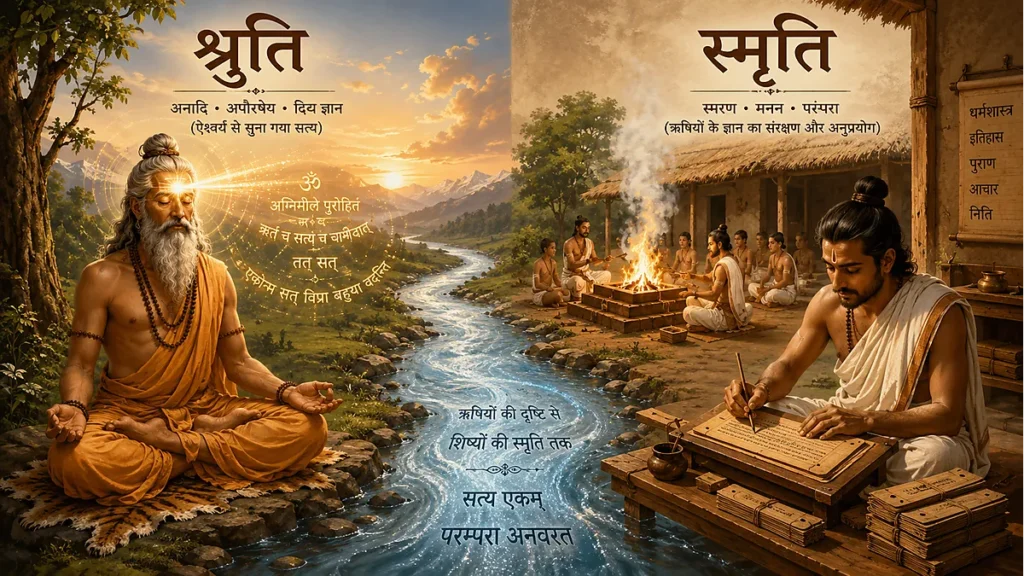 Comparison chart showing Shruti and Smriti classifications in Hindu scriptures