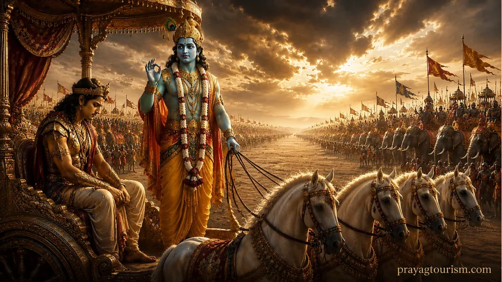 Krishna delivering the Bhagavad Gita to Arjuna before the Kurukshetra war