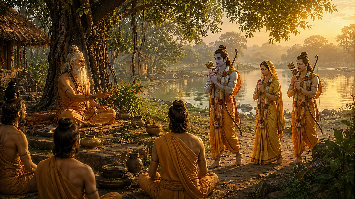 Lord Rama visiting Maharishi Bharadwaj Ashram in ancient Prayag.