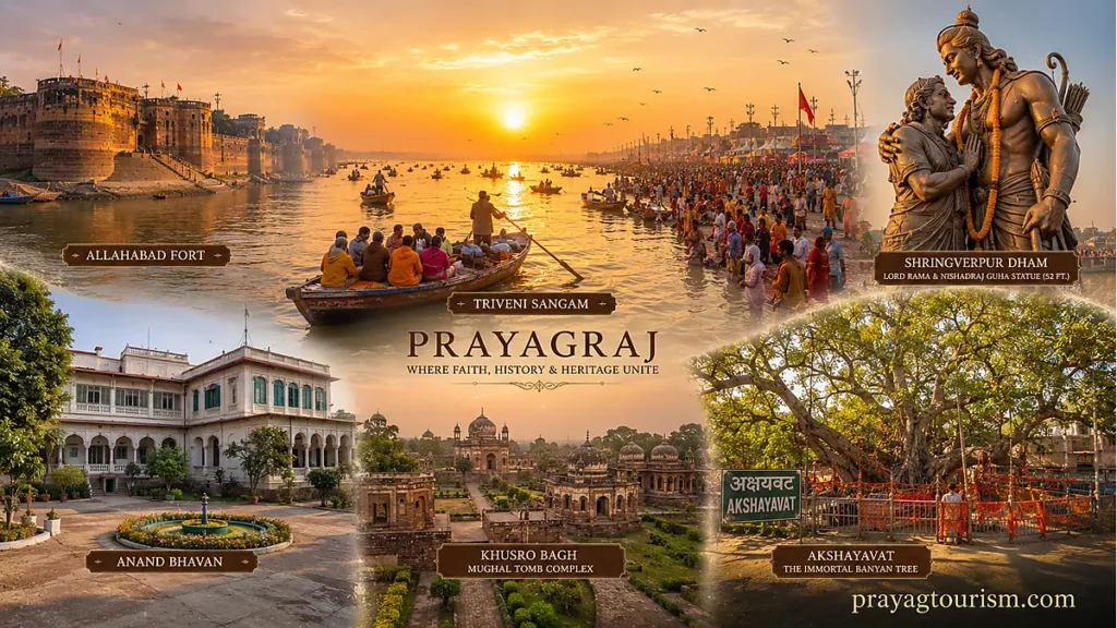 Aerial view of Prayagraj featuring Triveni Sangam, Allahabad Fort and major tourist attractions