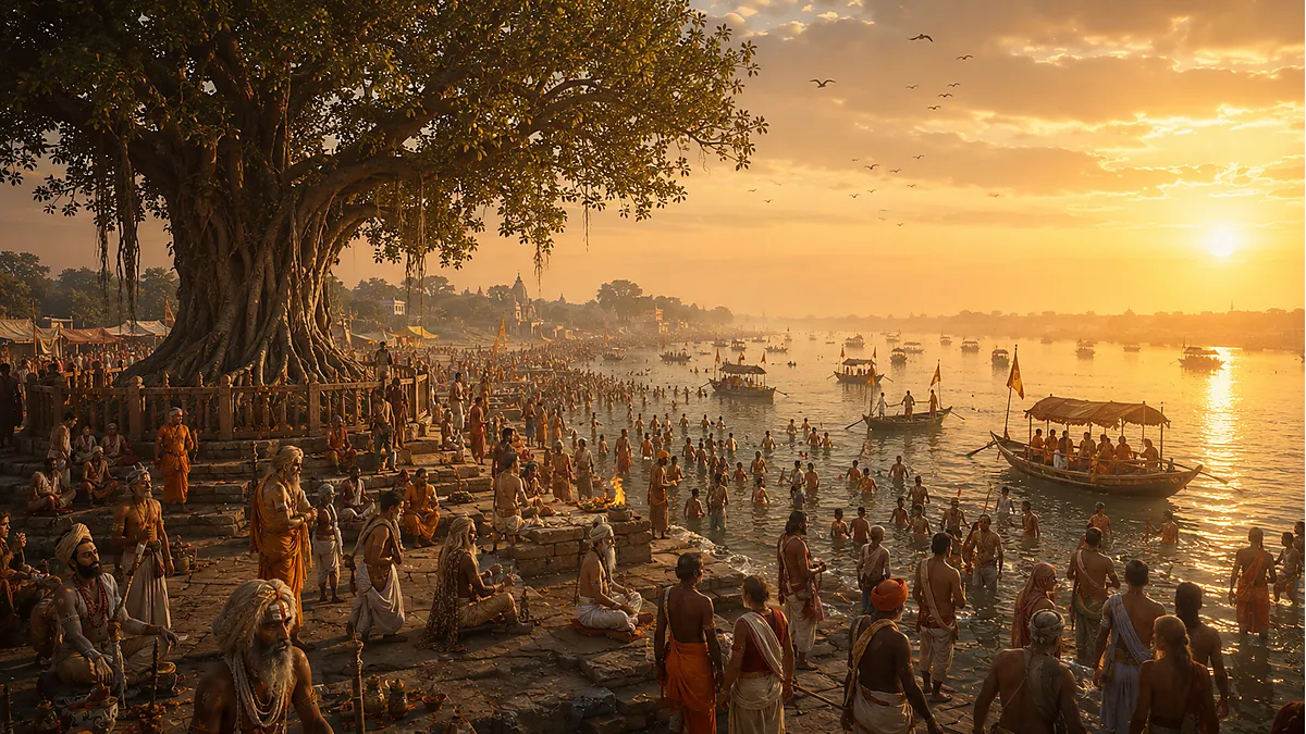 Medieval Prayagraj showing Triveni Sangam pilgrimage traditions between Harsha and Mughal rule