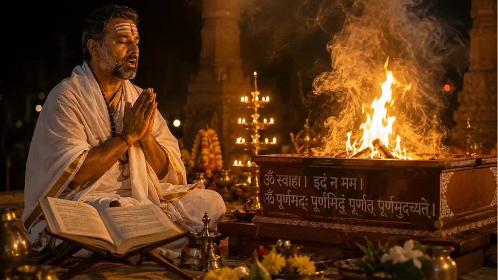 Priest chanting Yajurveda mantras beside sacred fir