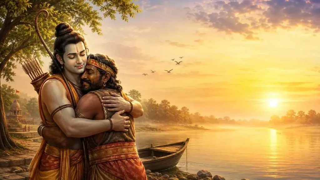 Lord Rama embracing Nishadraj Guha at Shringverpur on the banks of the sacred Ganga River