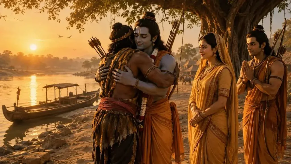 Lord Rama embracing Nishadraj Guha at Shringverpur Dham on the banks of the Ganga near Prayagraj