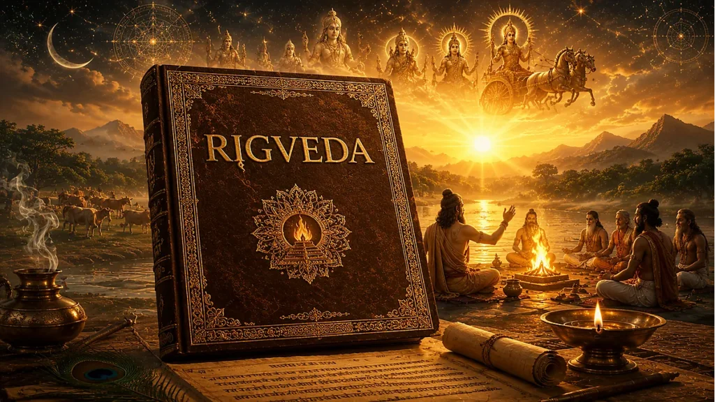 Ancient Vedic sages chanting Rigveda hymns at sunrise beside a sacred river