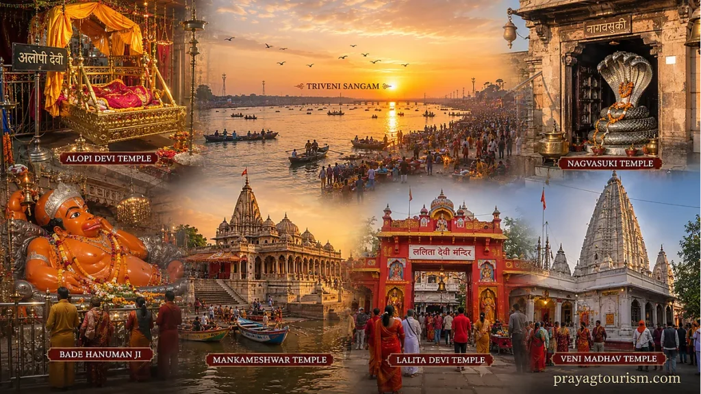 Major temples of Prayagraj including Alopi Devi Temple, Bade Hanuman Mandir, Mankameshwar Temple and Nag Vasuki Temple